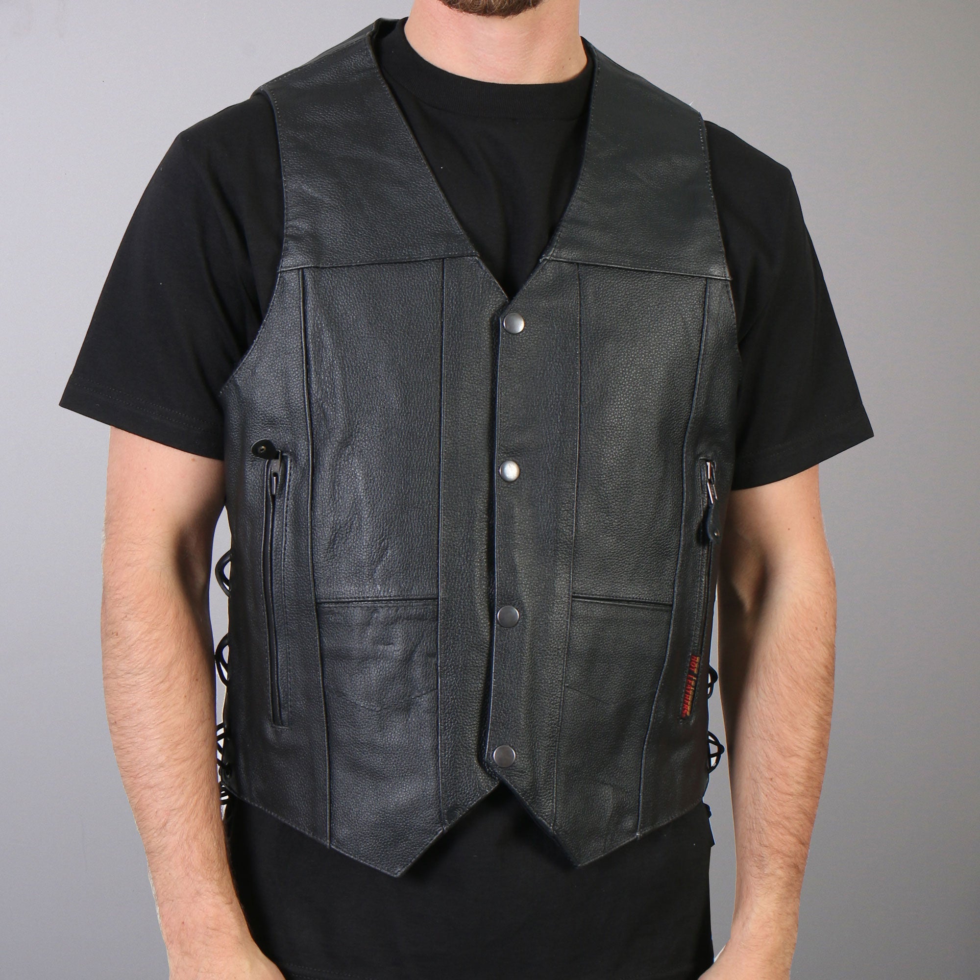 VSM1034 Men's Motorcycle style Black '10 Pocket' Cowhide Leather Biker Vest
