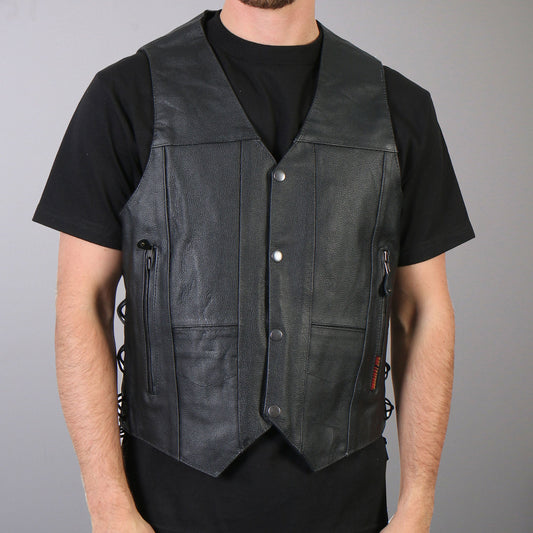 VSM1034 Men's Motorcycle style Black '10 Pocket' Cowhide Leather Biker Vest