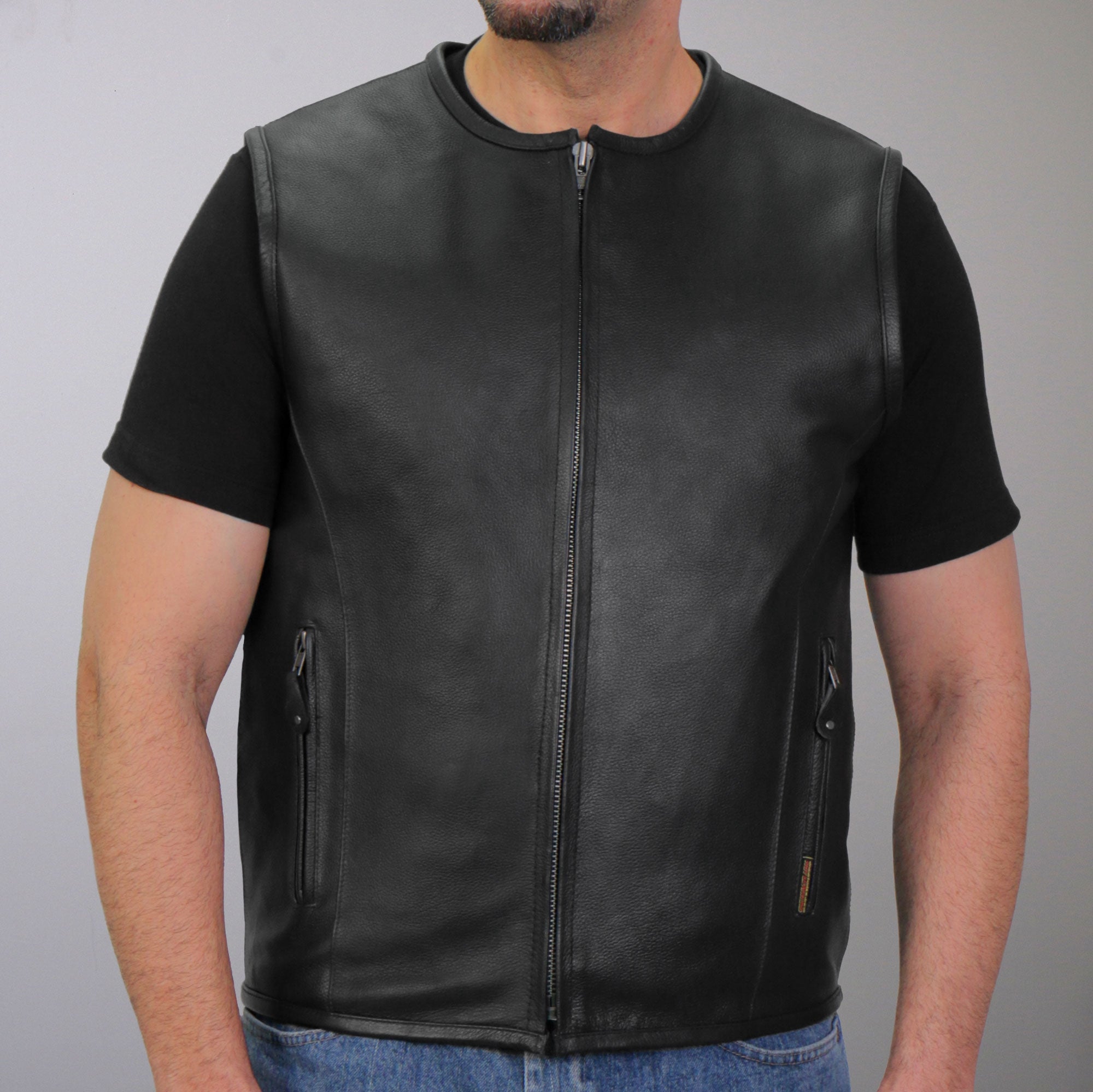 VSM1036 Men's Black Motorcycle 'Conceal and Carry' Leather Biker Club Zip Vest