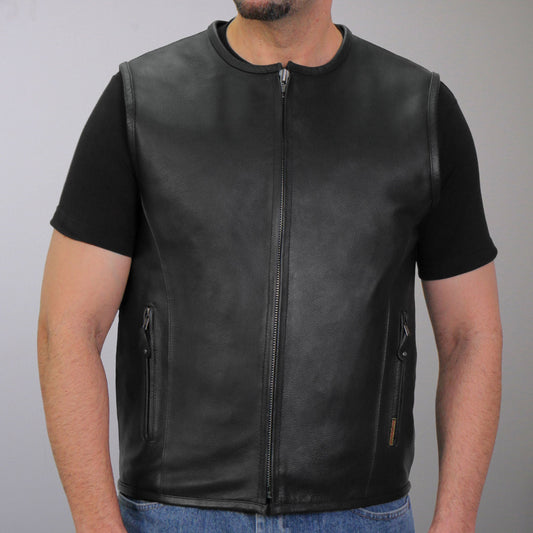 VSM1036 Men's Black Motorcycle 'Conceal and Carry' Leather Biker Club Zip Vest