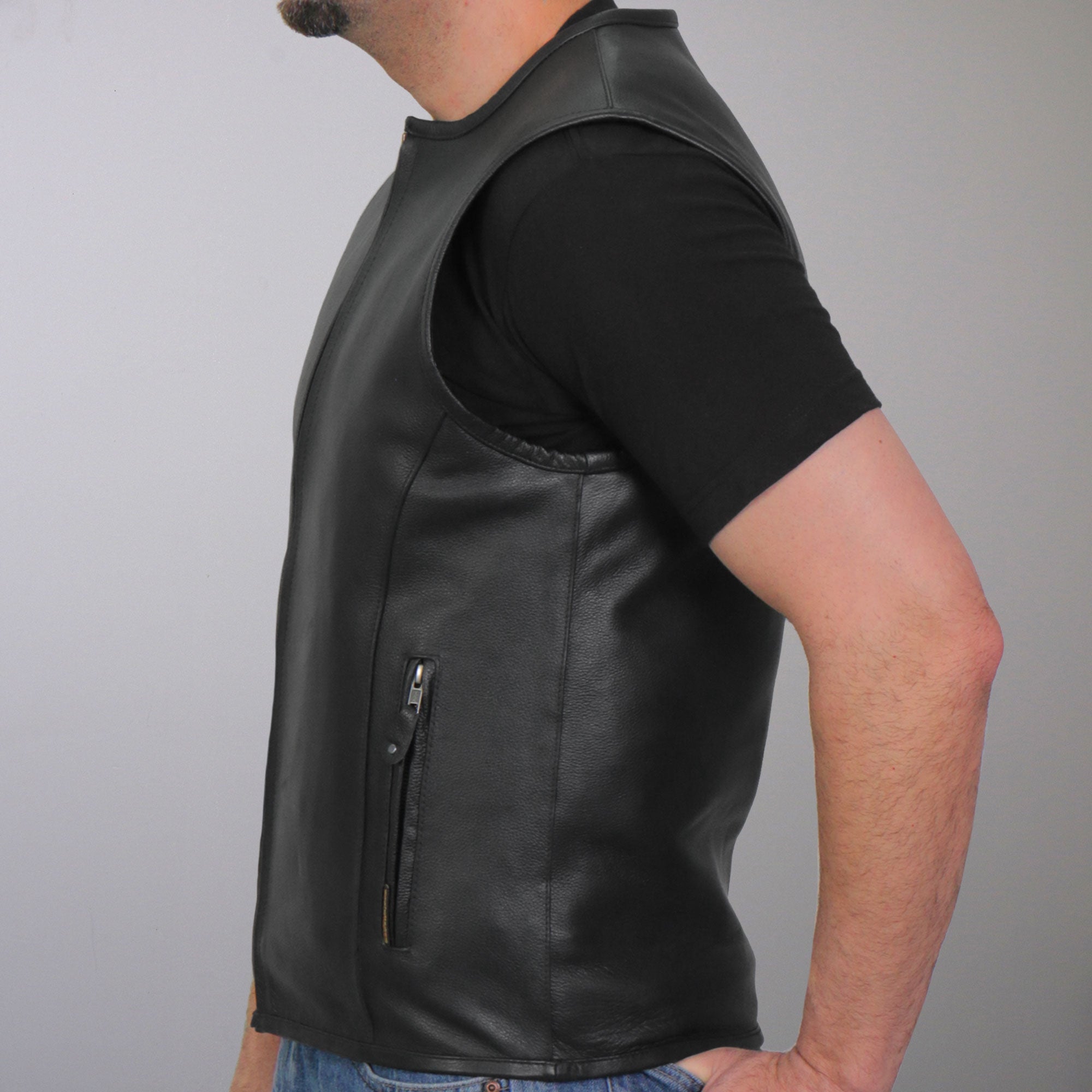 VSM1036 Men's Black Motorcycle 'Conceal and Carry' Leather Biker Club Zip Vest