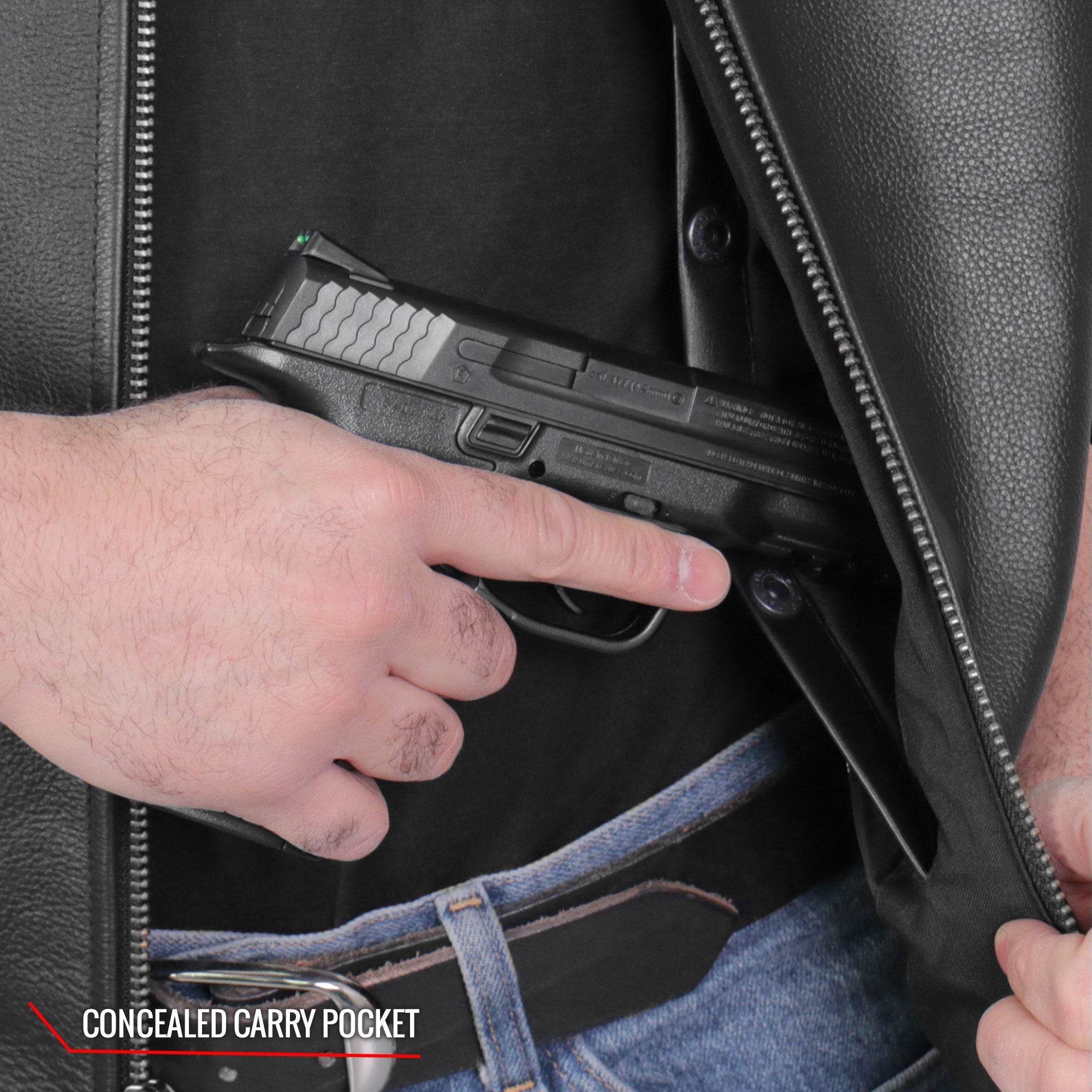 VSM1036 Men's Black Motorcycle 'Conceal and Carry' Leather Biker Club Zip Vest