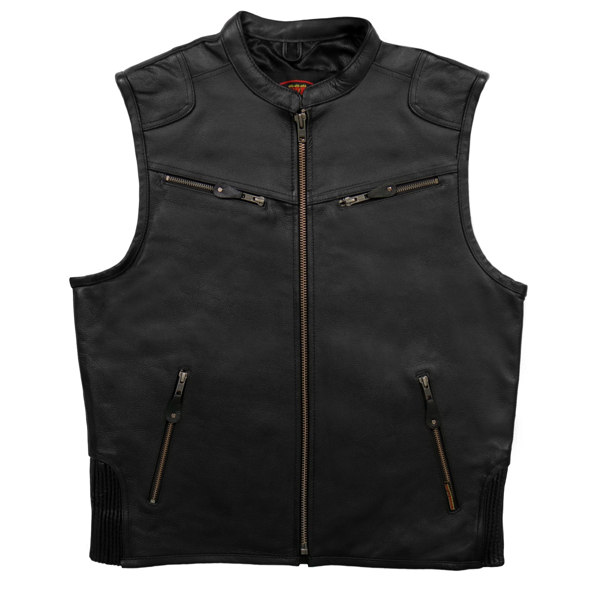 VSM1037 Men's Black 'Zipper Pockets' Concealed and Carry Leather Vest