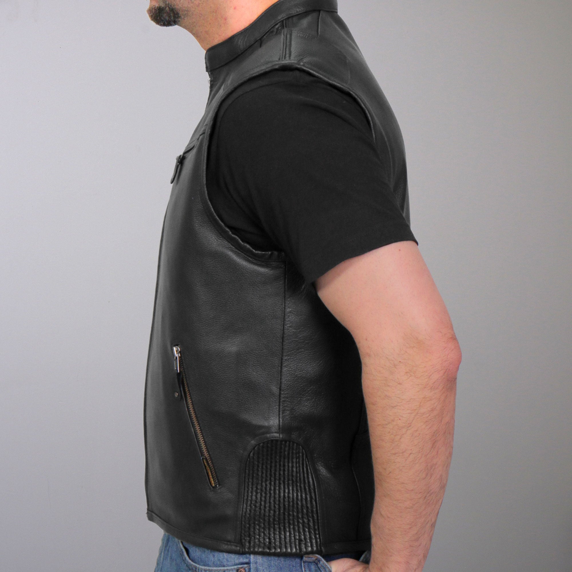 VSM1037 Men's Black 'Zipper Pockets' Concealed and Carry Leather Vest