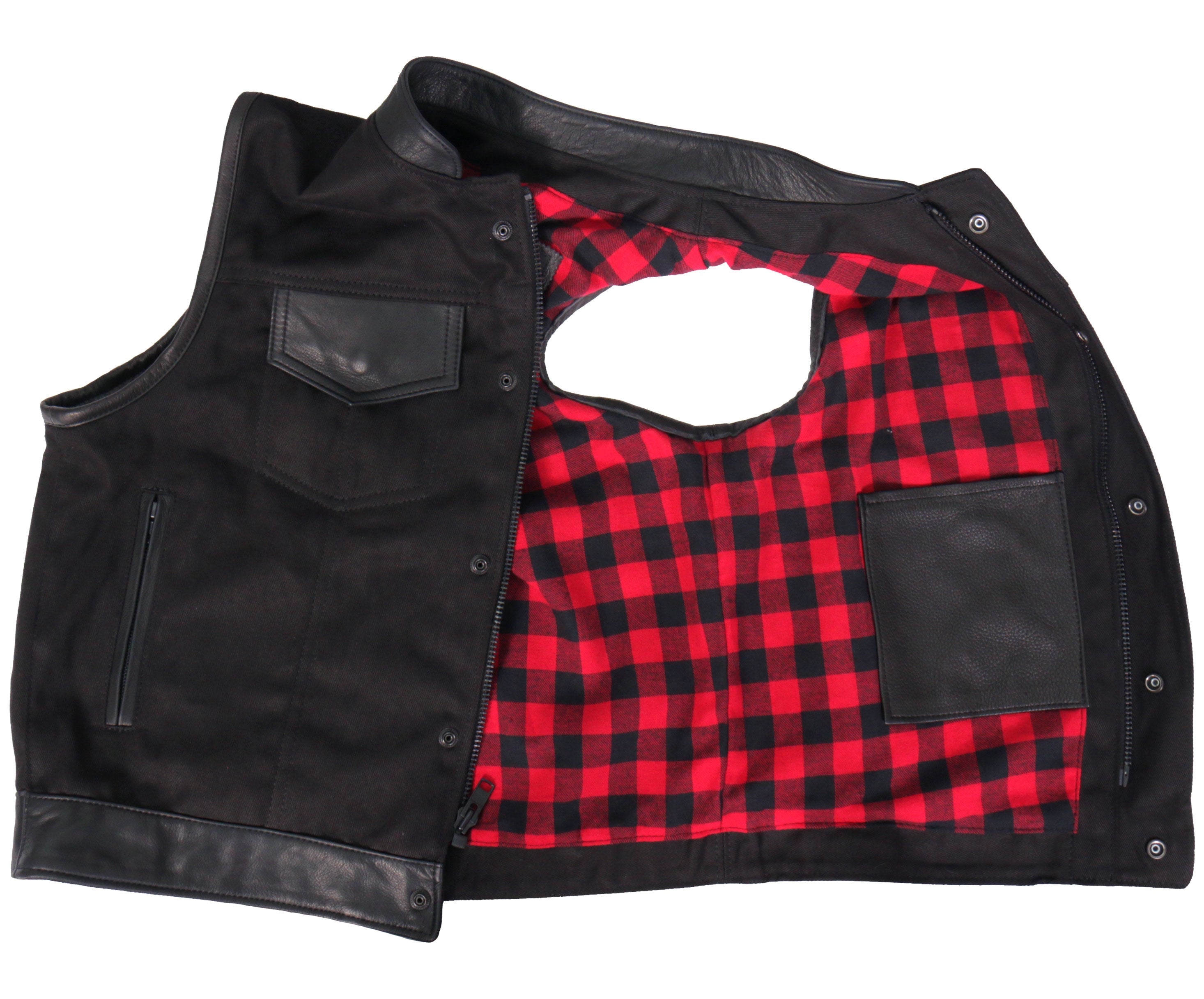 VSM5101 Men's USA Made Denim and Leather Vest with Red Lining