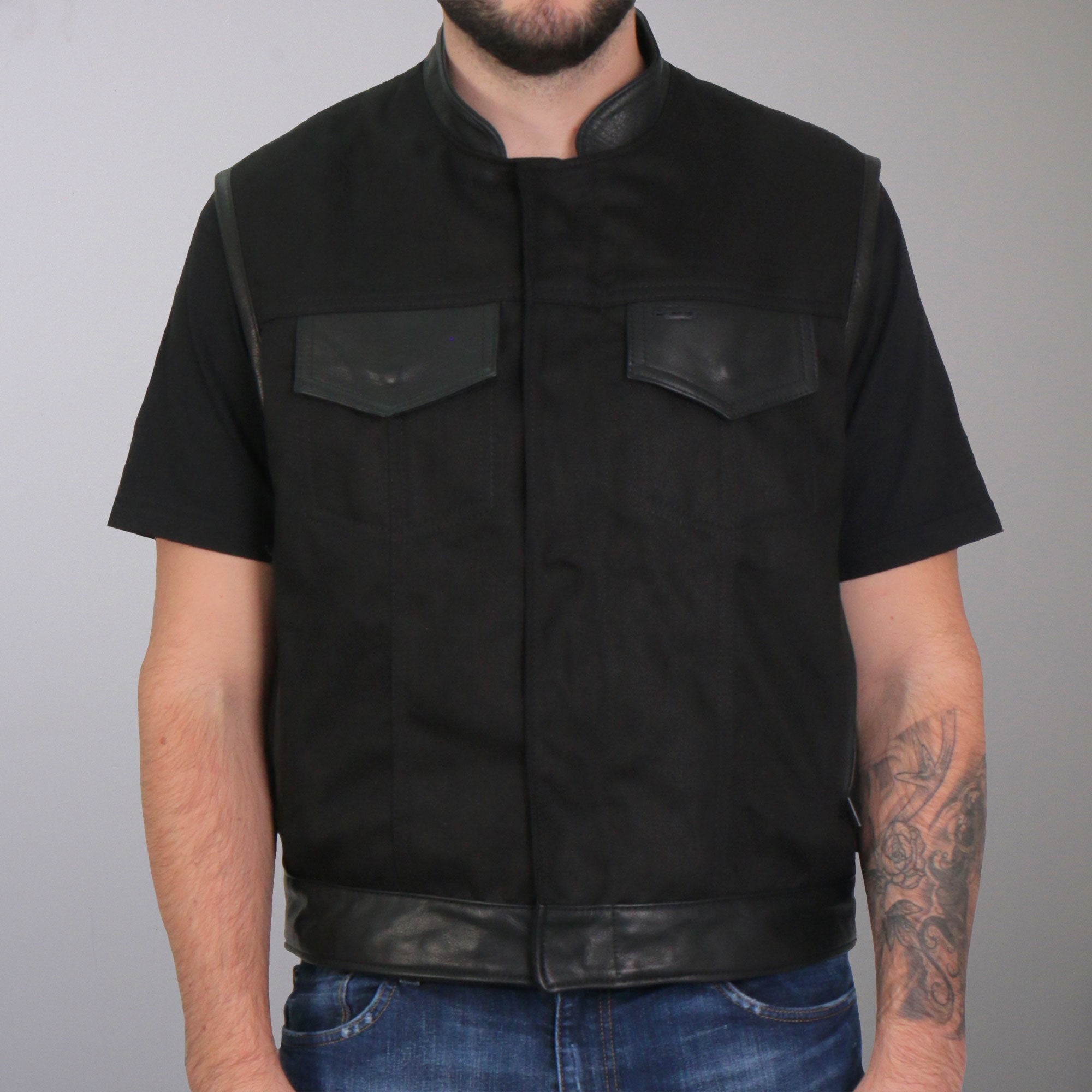 VSM5101 Men's USA Made Denim and Leather Vest with Red Lining