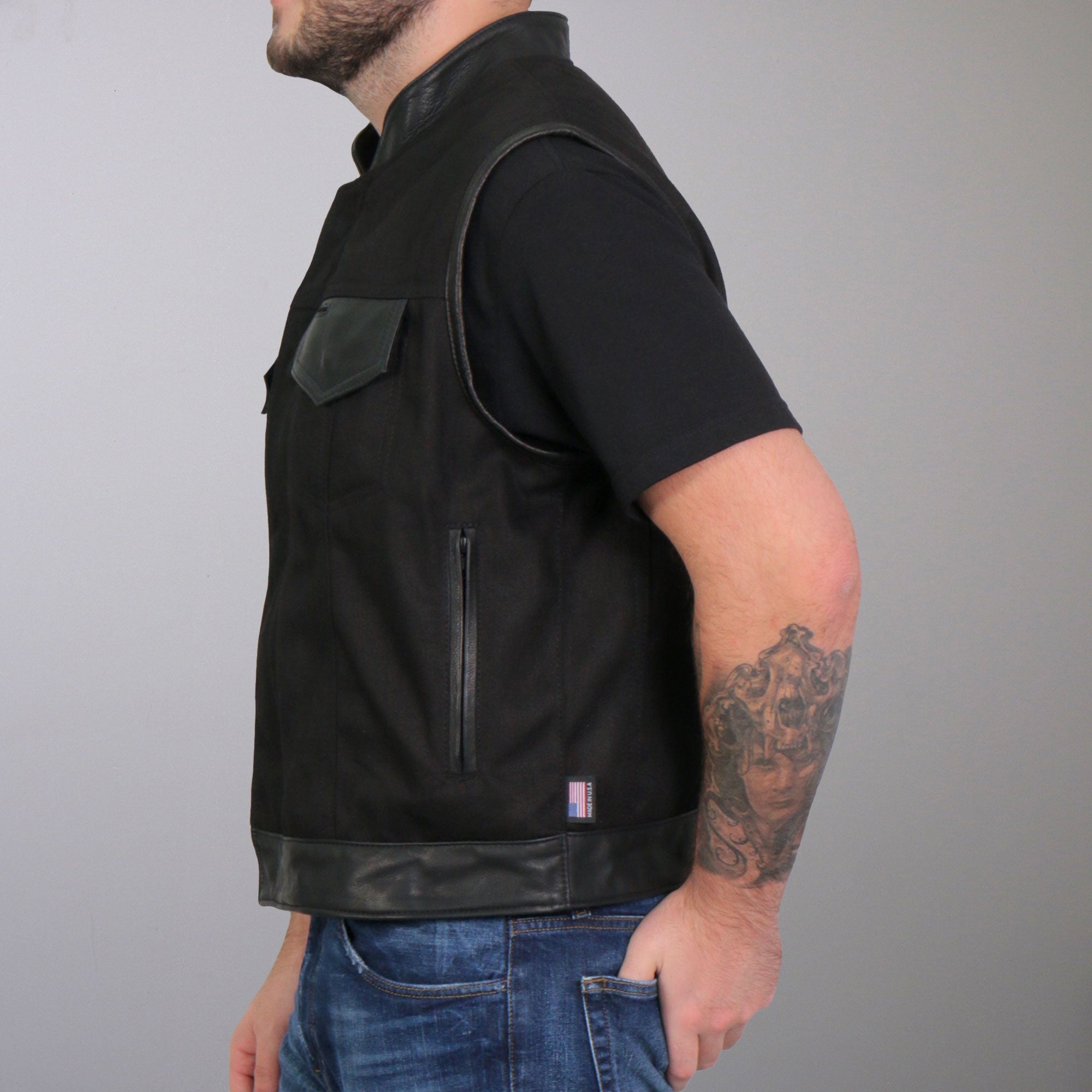 VSM5101 Men's USA Made Denim and Leather Vest with Red Lining