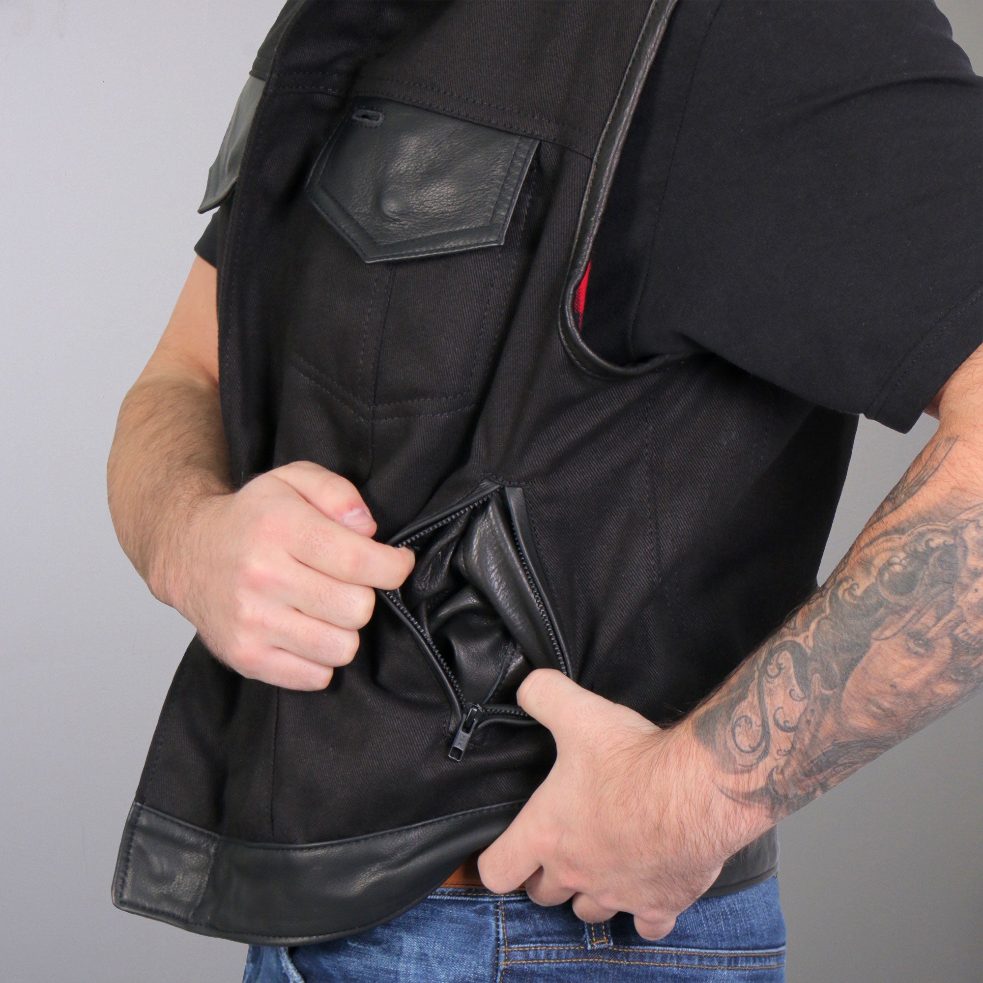 VSM5101 Men's USA Made Denim and Leather Vest with Red Lining