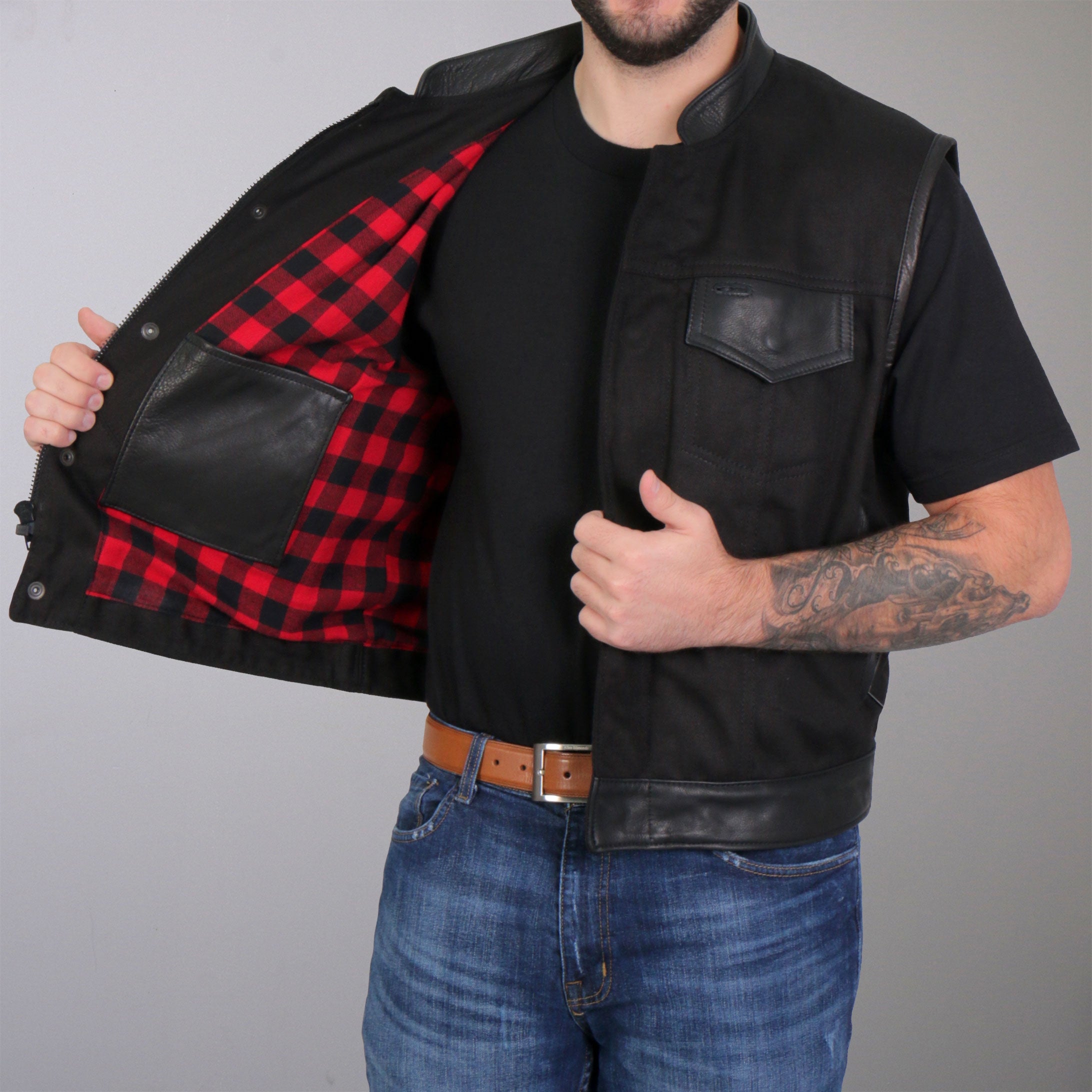 VSM5101 Men's USA Made Denim and Leather Vest with Red Lining