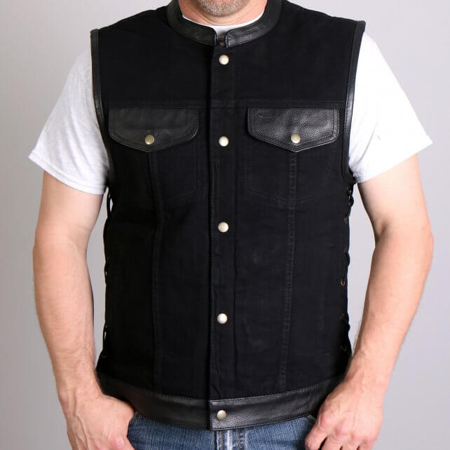 VSM6101 Men's Motorcycle Club style Carry Conceal Black Denim and Leather Biker Vest