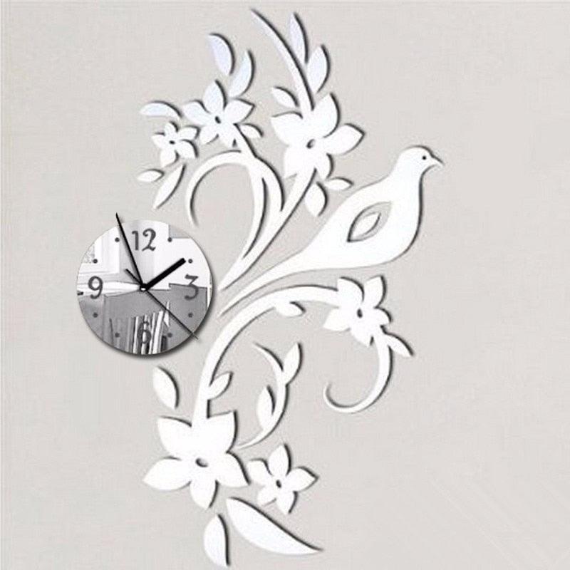 Wall Clock Modern Bird Design 3D Acrylic Mirror Living Room Quartz Needle 3D Clock Acrylic Mirror Wall Clock Decor Sticker Irregular Clock Wall Art Decals Wallpaper Home Decor for Living Room Bedroom Decoration