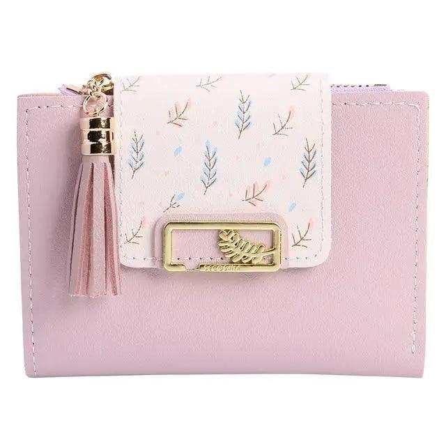 Women Pink PU Leather Short Wallet Trendy New Fashion  Vintage Mini Purses Cute Feather Design Wallets