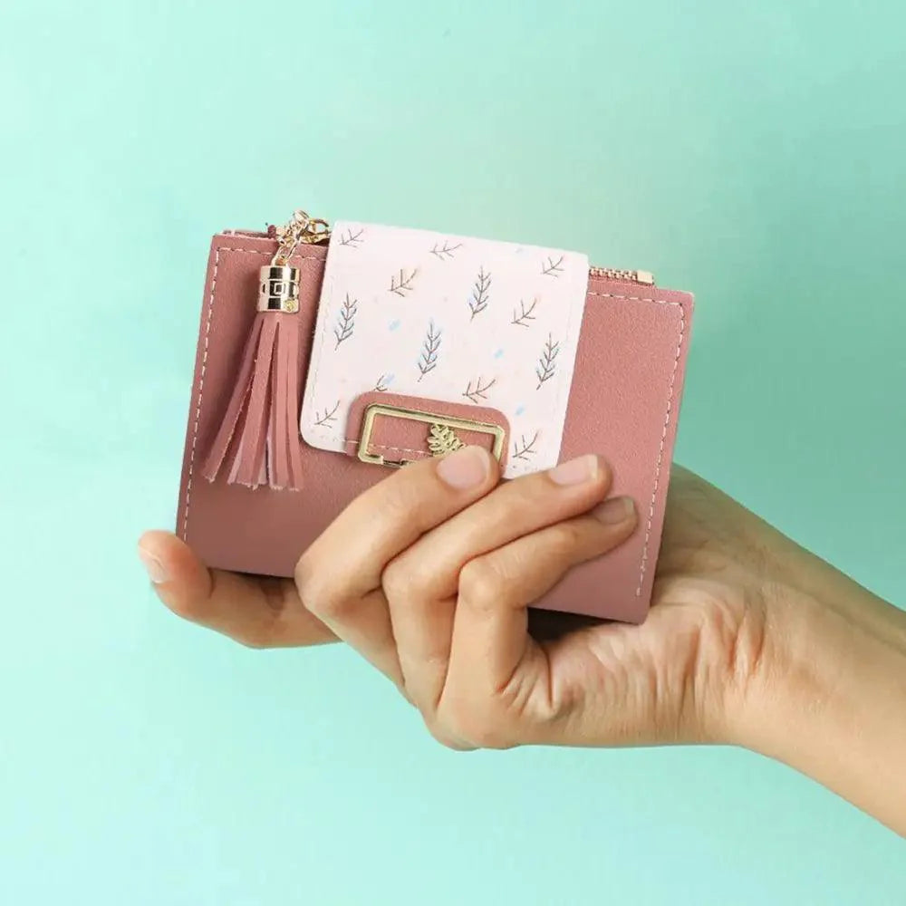 Women Pink PU Leather Short Wallet Trendy New Fashion  Vintage Mini Purses Cute Feather Design Wallets
