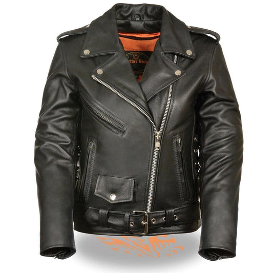 LKL2700 Women's Classic Black Premium Leather Motorcycle Vintage Jacket with Side Laces