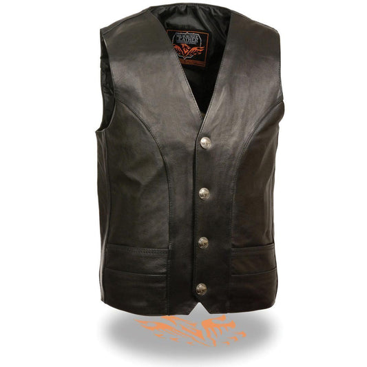 ML1368 Men's Black Premium Leather V-Neck Motorcycle Rider Vest w/ Buffalo Nickel Snaps Closure