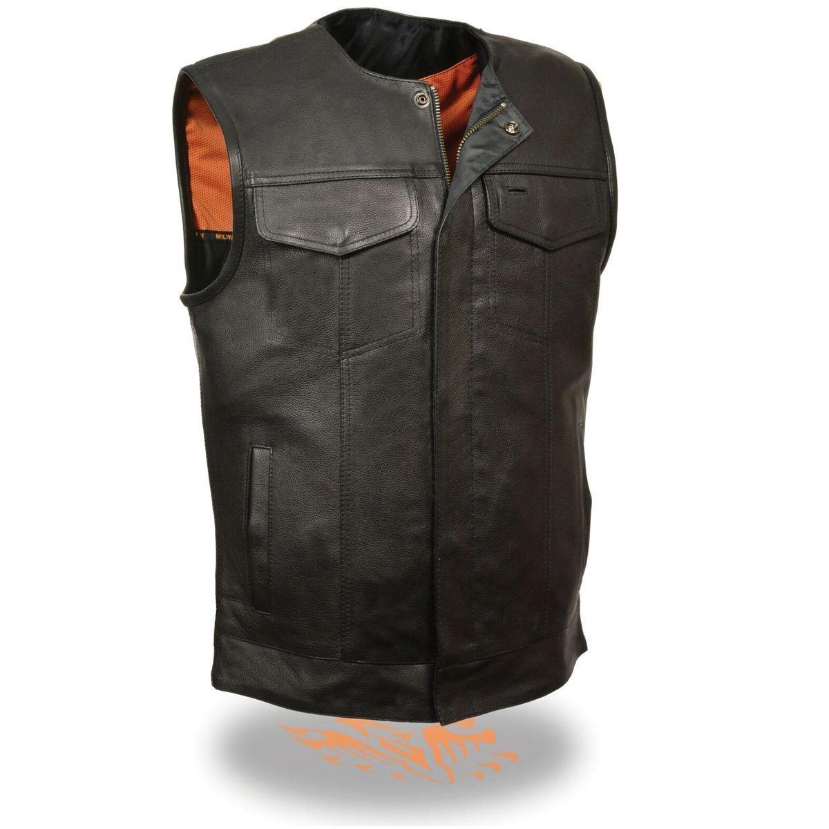 MLM3511 Men's Black Collarless Snap/Zipper Club Style Motorcycle Leather Vest