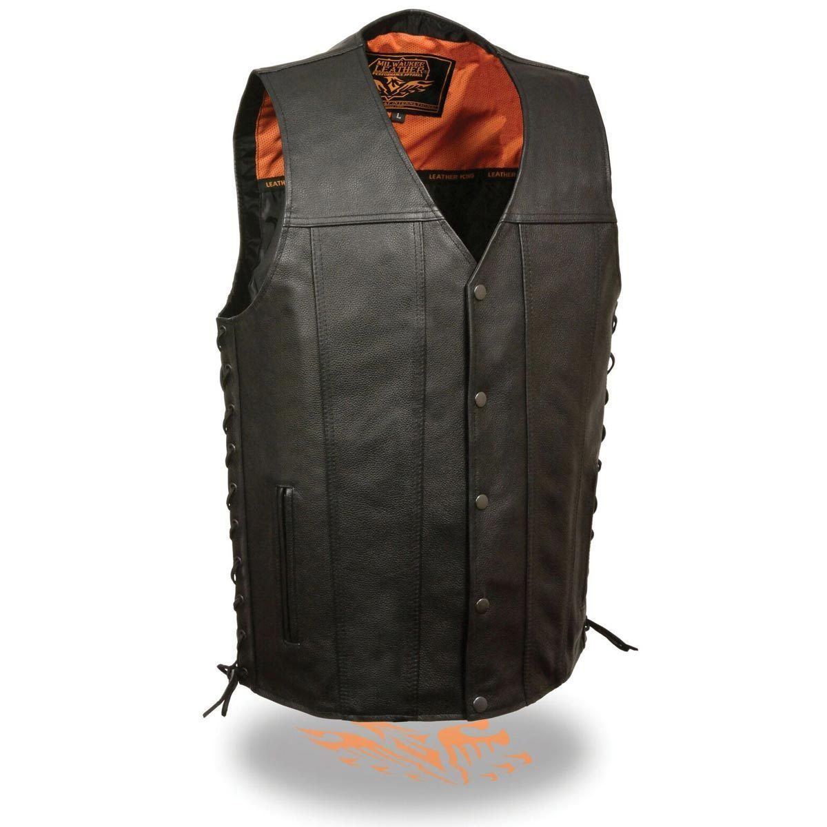 MLM3520 Men's Black Leather Vest - Classic V-Neck Straight Bottom Side Lace Motorcycle Rider Vest