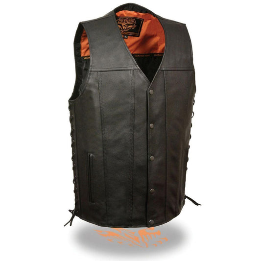 MLM3520 Men's Black Leather Vest - Classic V-Neck Straight Bottom Side Lace Motorcycle Rider Vest