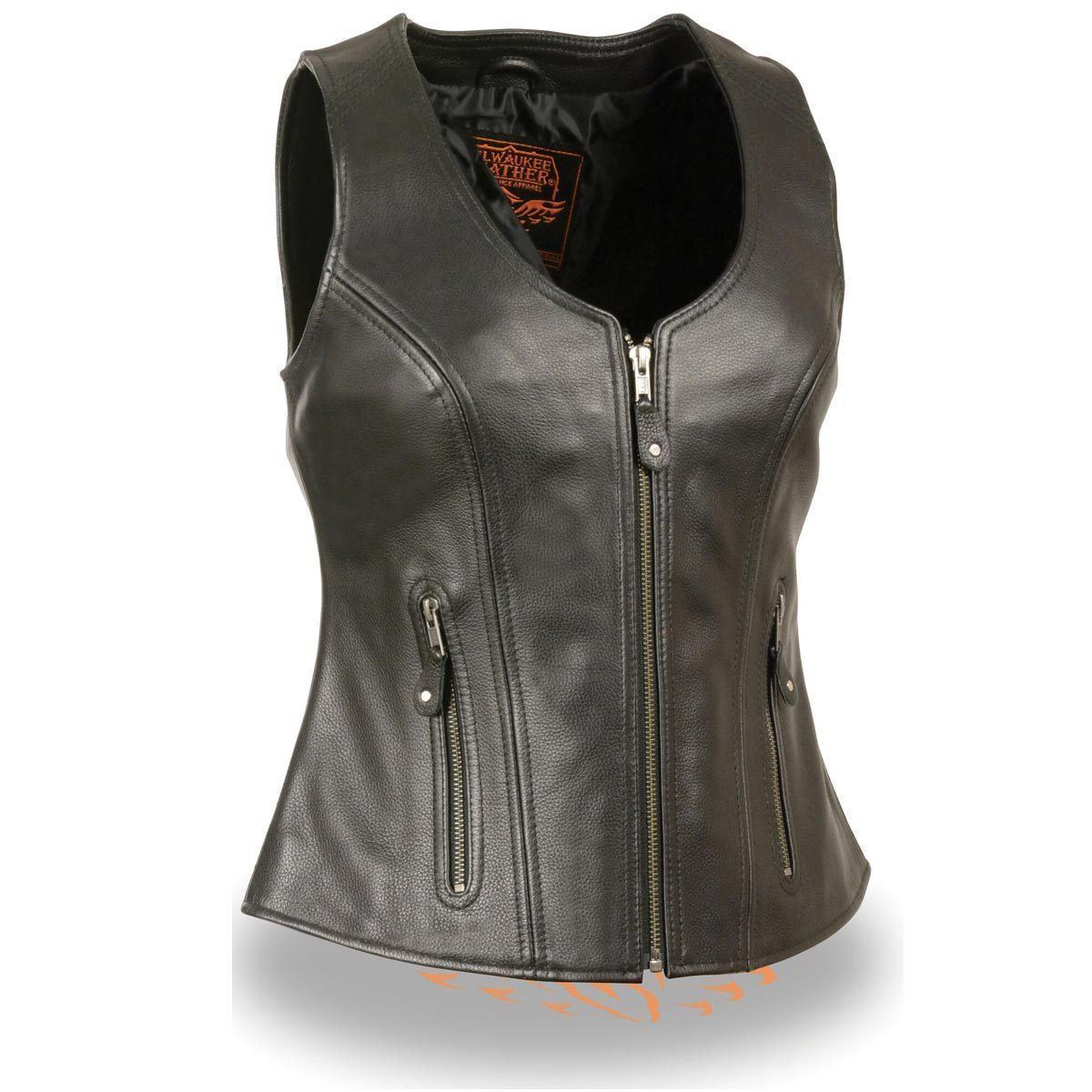 MLL4530 Women's Black Leather Open Neck Motorcycle Rider Vest W/ Front Zip and Stitching detail
