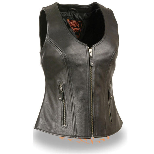MLL4530 Women's Black Leather Open Neck Motorcycle Rider Vest W/ Front Zip and Stitching detail