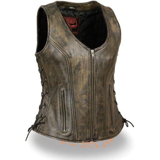 Women's Distress Brown Leather V-Neck Motorcycle Rider Vest with Side Lace MLL4531