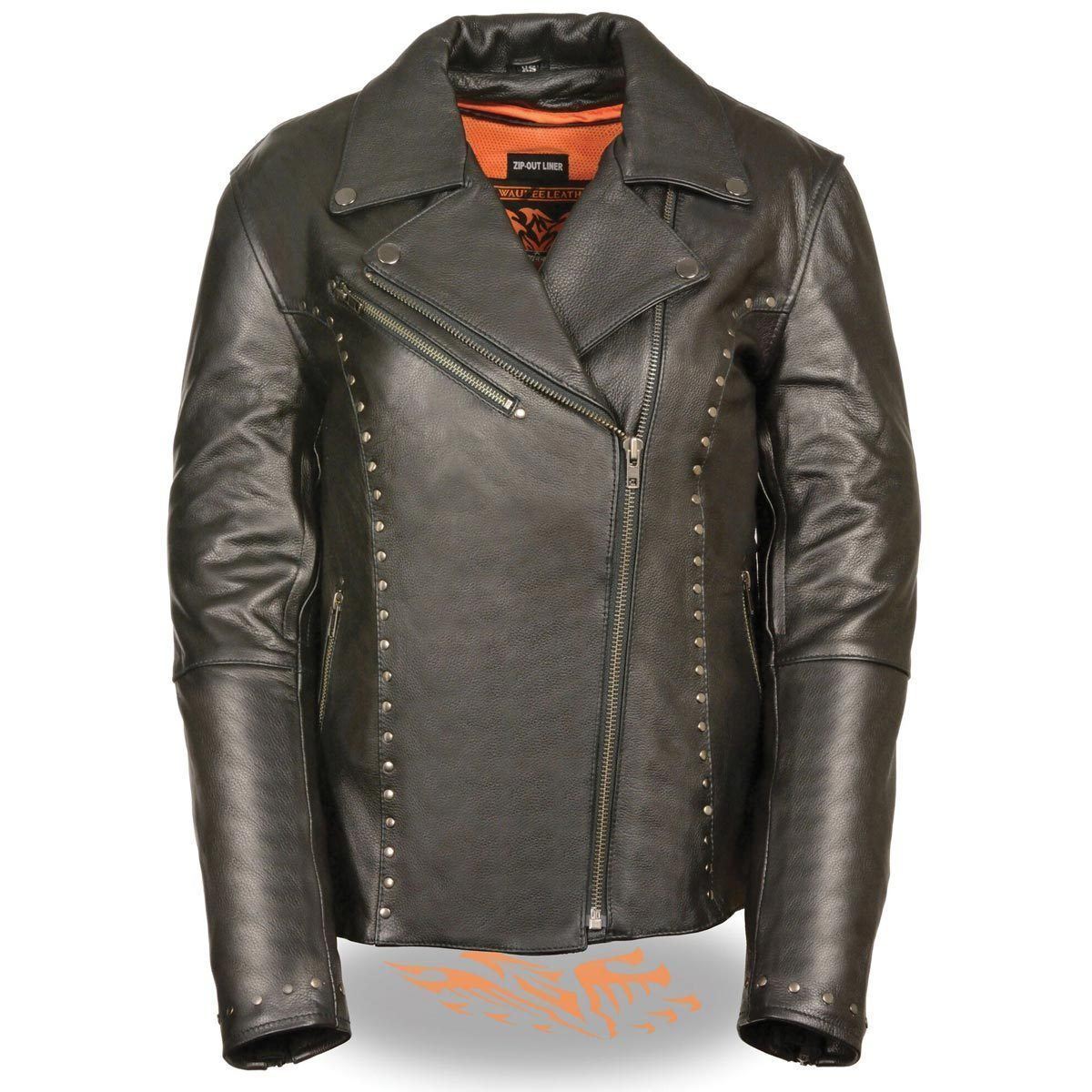 ML1948 Women's Classic Riveted Motorcycle Black Leather Jacket