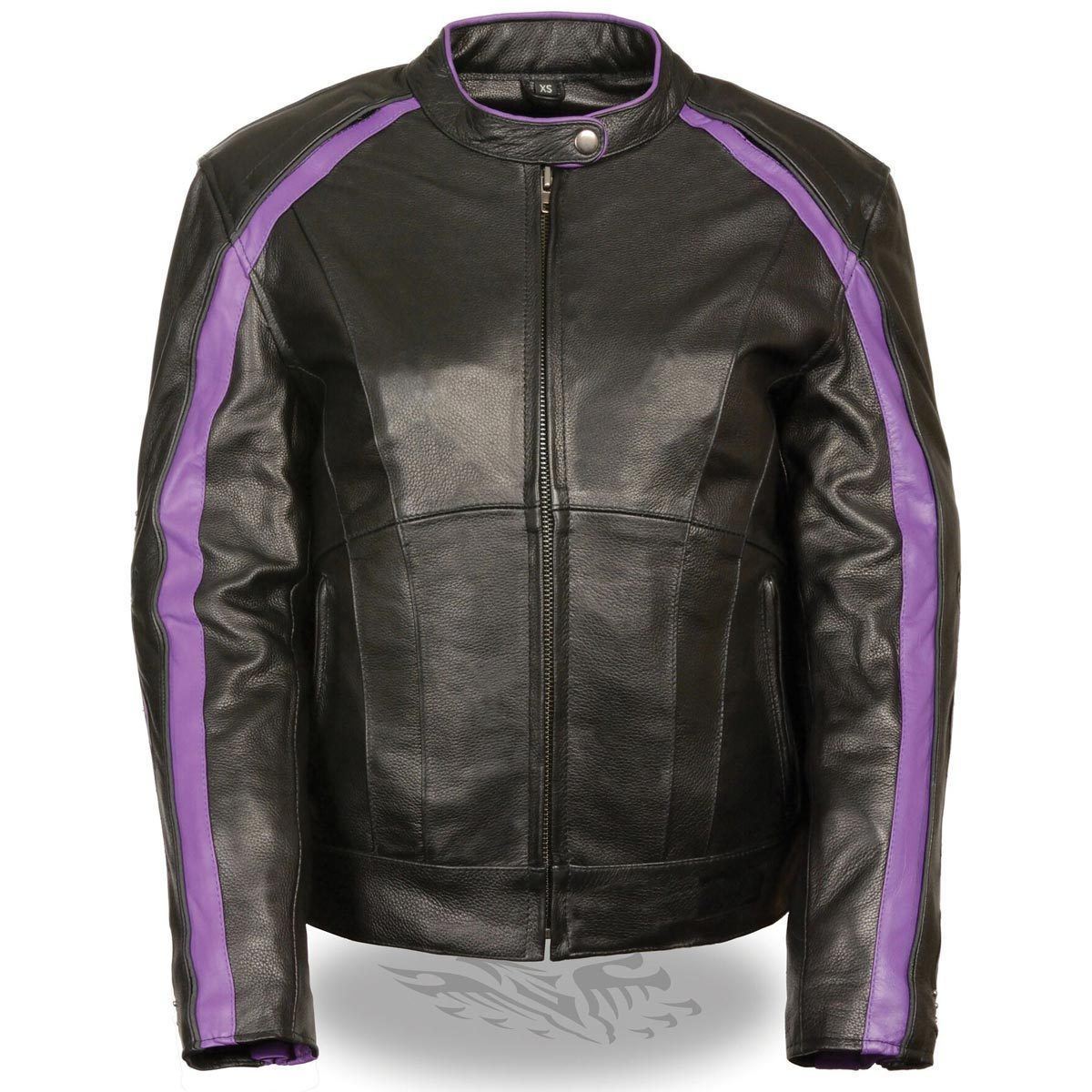 ML1952 Women's Black and Purple Embroidered and Stud Design Scooter Jacket