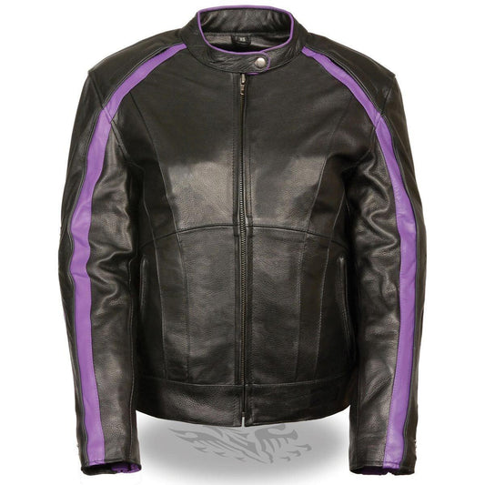ML1952 Women's Black and Purple Embroidered and Stud Design Scooter Jacket