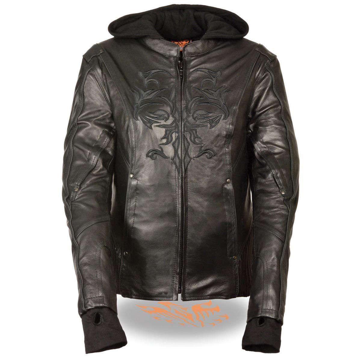 ML2066 Women's 3/4 Black Leather Hoodie Jacket with Reflective Tribal Design