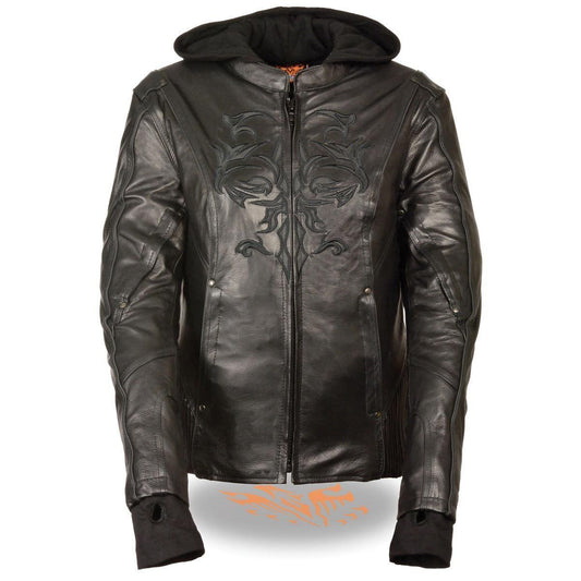 ML2066 Women's 3/4 Black Leather Hoodie Jacket with Reflective Tribal Design