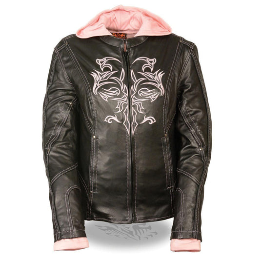 ML2066 Women's 3/4 Black and Pink Leather Hoodie Jacket with Reflective Tribal Design