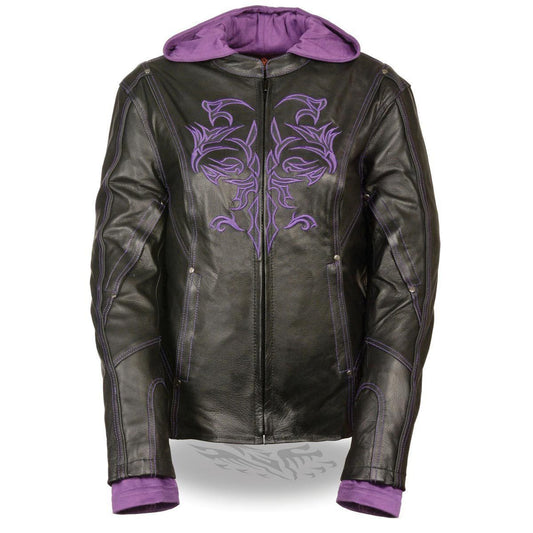 ML2067 Women's 3/4 Black and Purple Leather Hoodie Jacket with Reflective Tribal Design