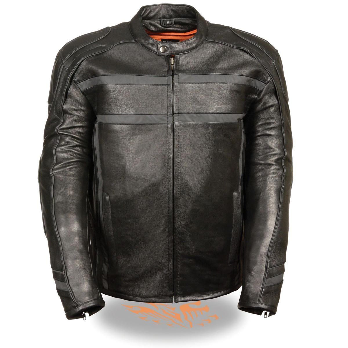 ML2083 Men's Black Premium Leather Vented Motorcycle Rider Jacket w/ Reflective Piping