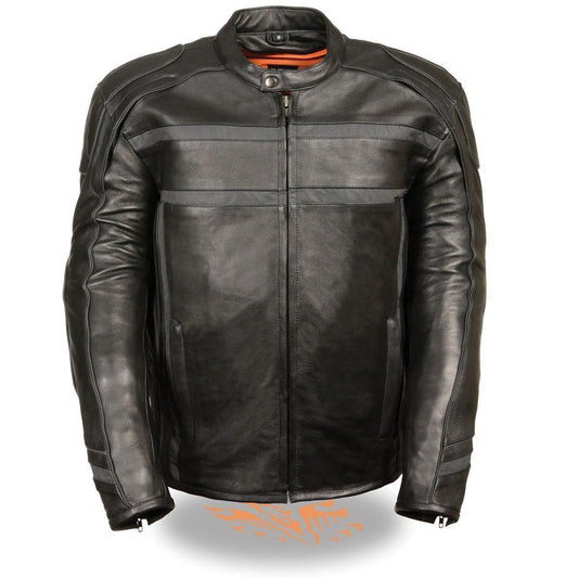 ML2083 Men's Black Premium Leather Vented Motorcycle Rider Jacket w/ Reflective Piping