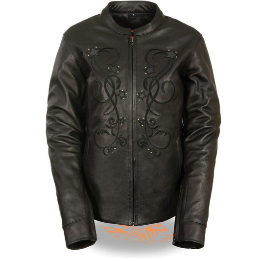 ML2500 Women's Reflective Star Riveted Black Leather Jacket