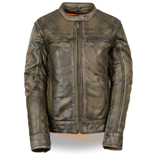 MLL2550 Women's Scooter Distressed Brown Leather Vented Motorcycle Jacket