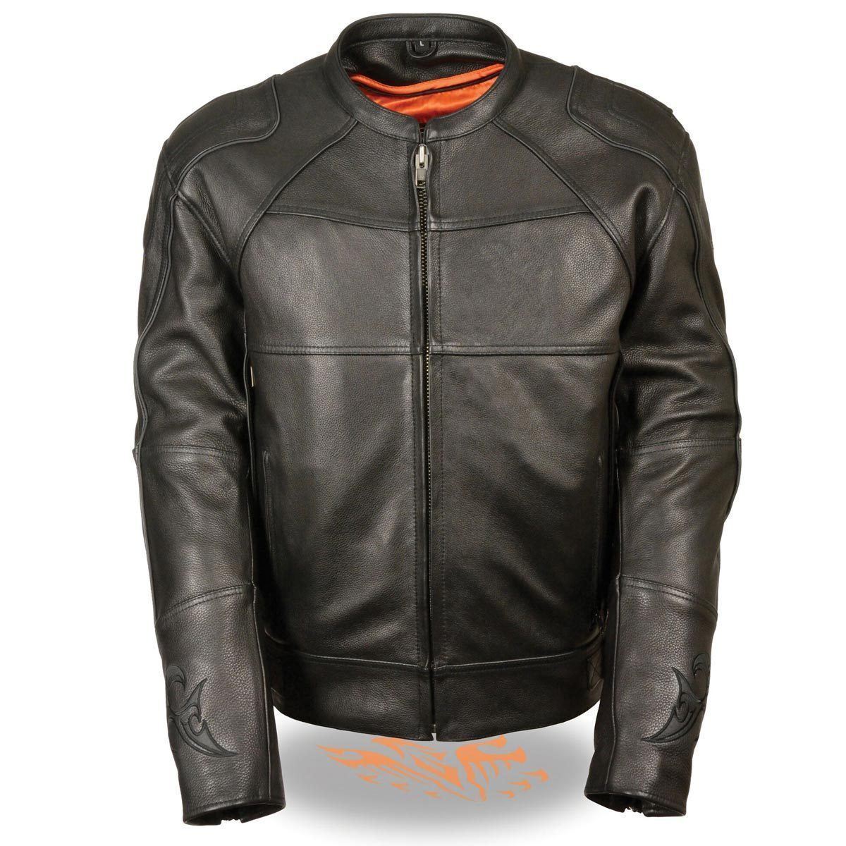 MLM1510 Men's Black Leather Scooter Jacket with Reflective Skull