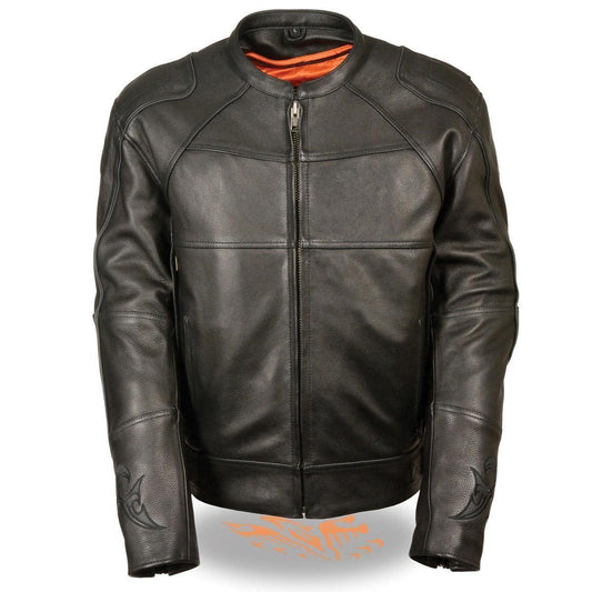 MLM1510 Men's Black Leather Scooter Jacket with Reflective Skull