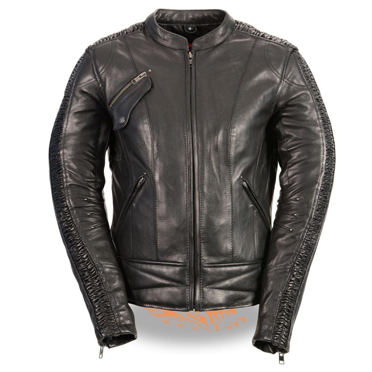 MLL2570 Women's Black 'Phoenix Embroidered' Leather Motorcycle Jacket