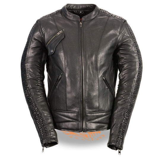 MLL2570 Women's Black 'Phoenix Embroidered' Leather Motorcycle Jacket
