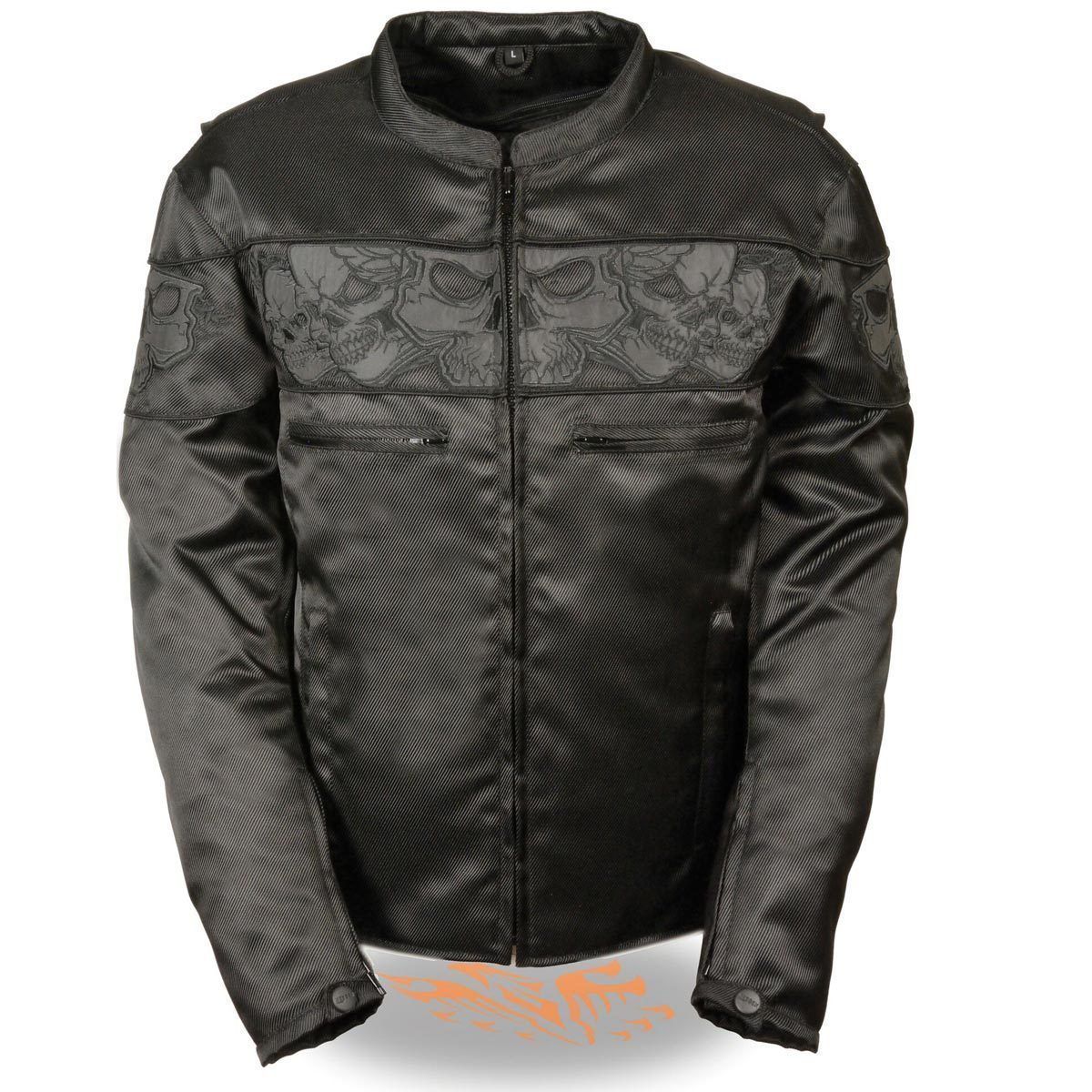MPM1730 Black Padded Textile Motorcycle Jacket for Men w/ Reflective Skulls - All Season Motorcycle Jacket