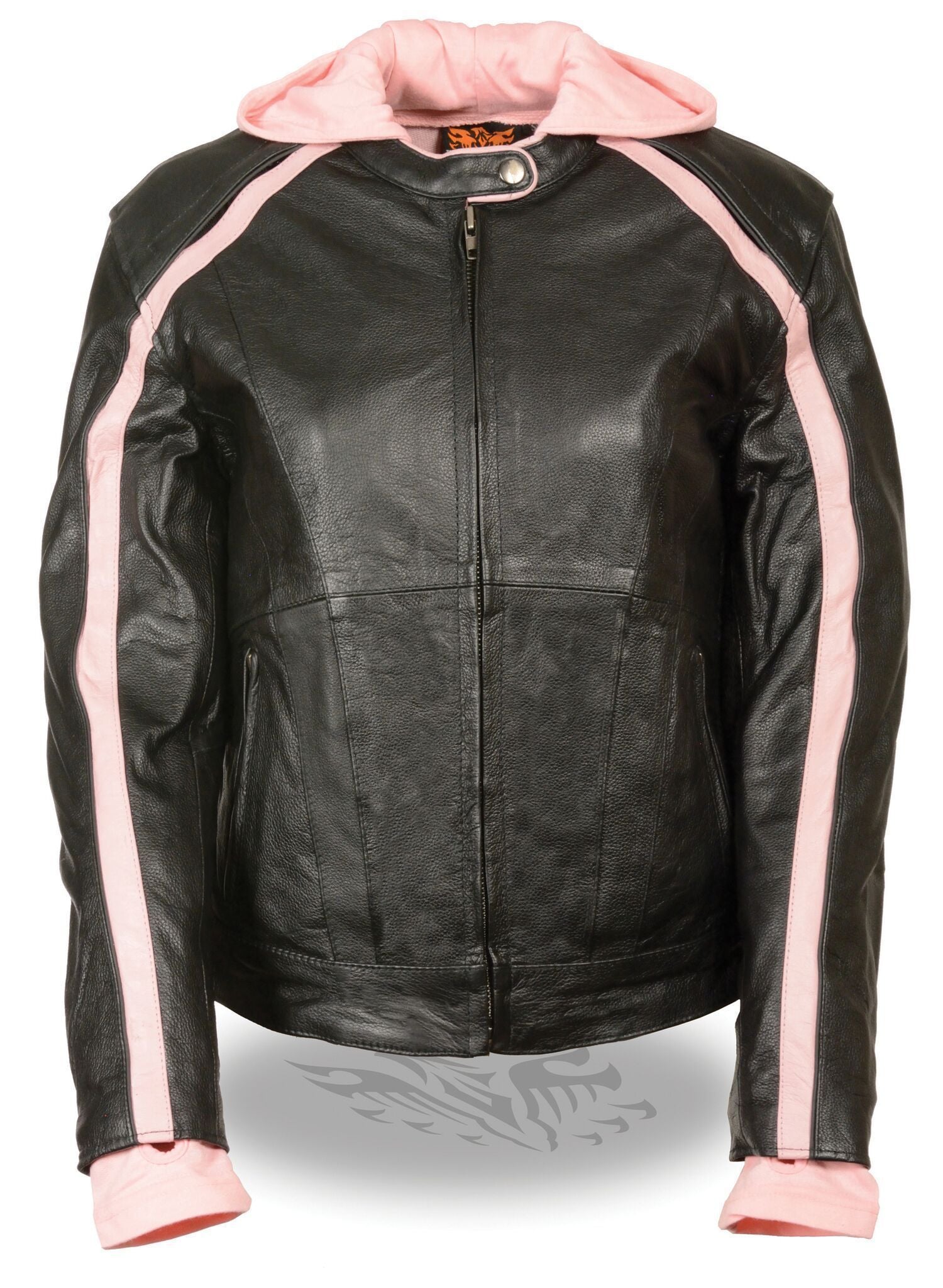 SH1951 Women's Black and Pink Striped Leather Jacket with Zip-Out Hoodie