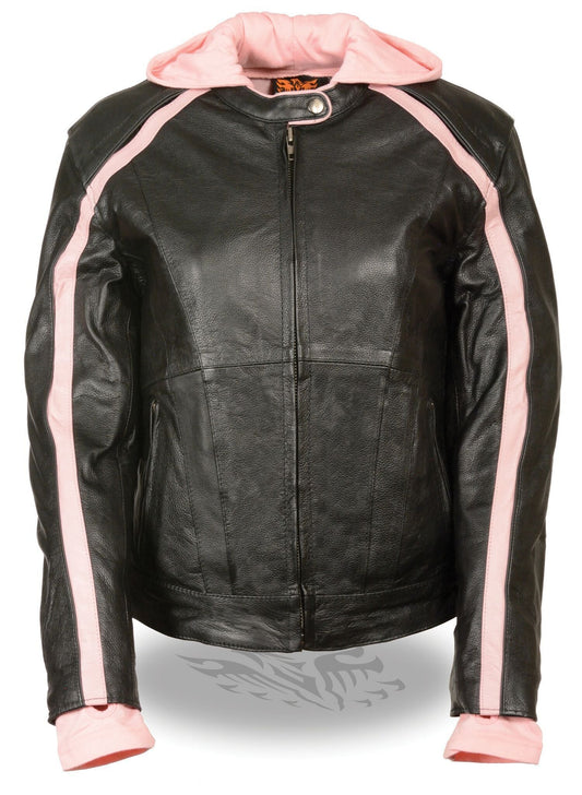 SH1951 Women's Black and Pink Striped Leather Jacket with Zip-Out Hoodie