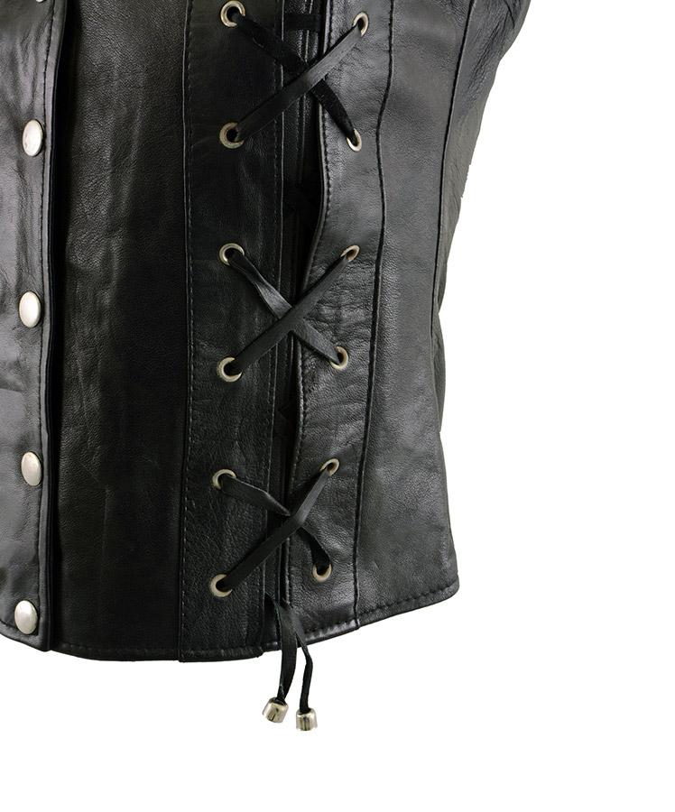 XS1216 Ladies Black Leather Vest with Front Laces