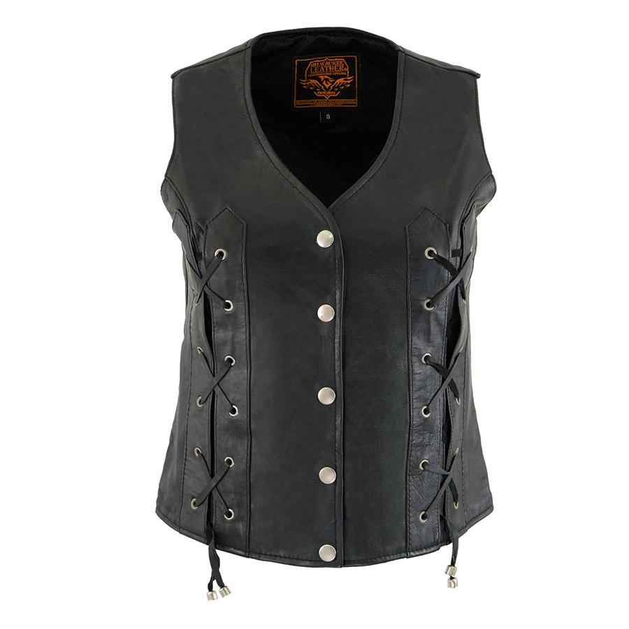 XS1216 Ladies Black Leather Vest with Front Laces