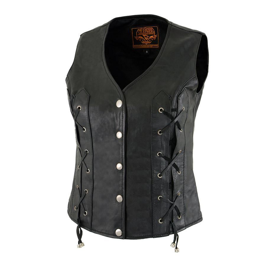 XS1216 Ladies Black Leather Vest with Front Laces