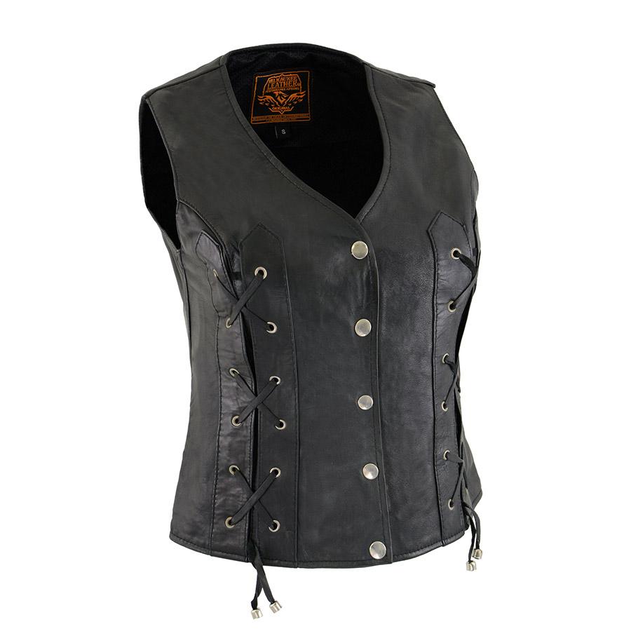XS1216 Ladies Black Leather Vest with Front Laces