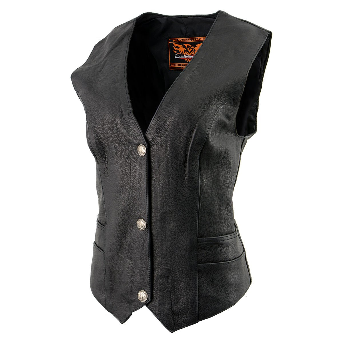 XS1253 Women's Classic Black Leather Vest with Buffalo Nickel Snap Buttons
