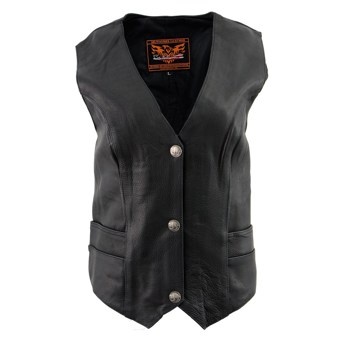 XS1253 Women's Classic Black Leather Vest with Buffalo Nickel Snap Buttons