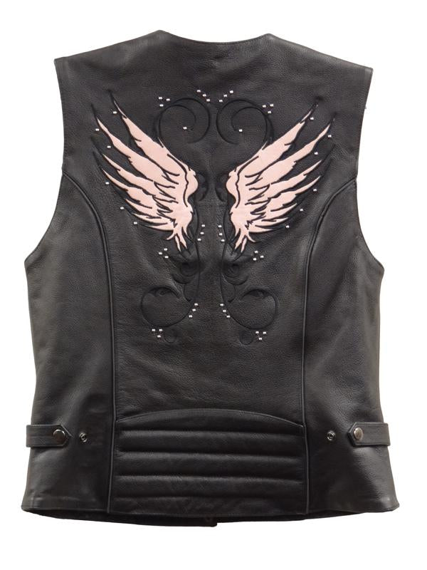 XS1293 Ladies ‘Winged’ Black and Pink Studded Leather Vest